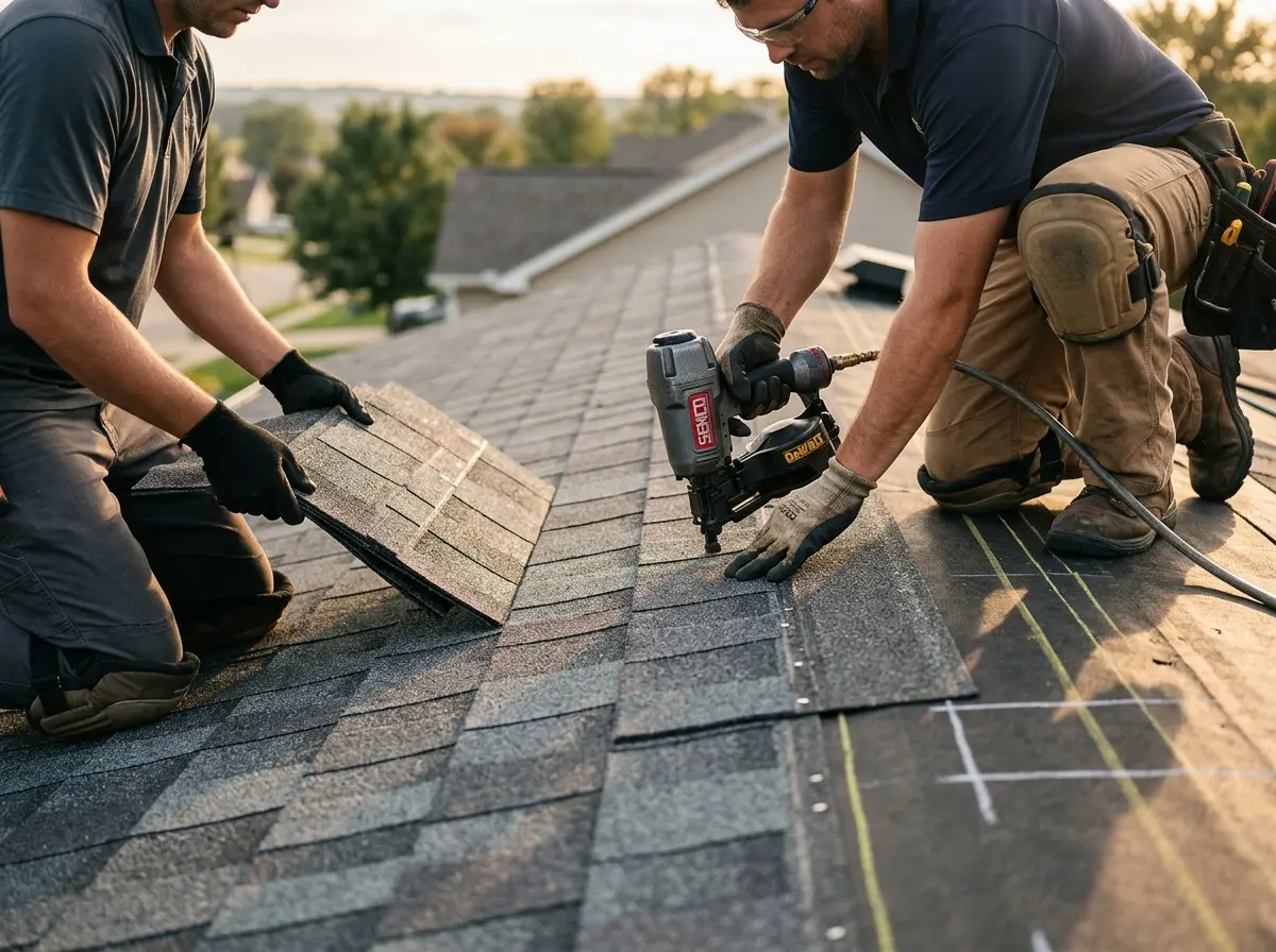 Professional roofer working on a residential roof in Owatonna